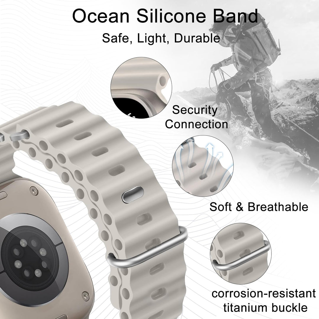 Ocean Silicone Sport Band - Compatible with Apple Watch Ultra 2/Ultra Band 49mm 46mm 45mm 44mm Men Women, Breathable Soft Waterproof Strap for iWatch Ultra 2, iWatch Ultra Series 10 SE/9/8/7/6/5