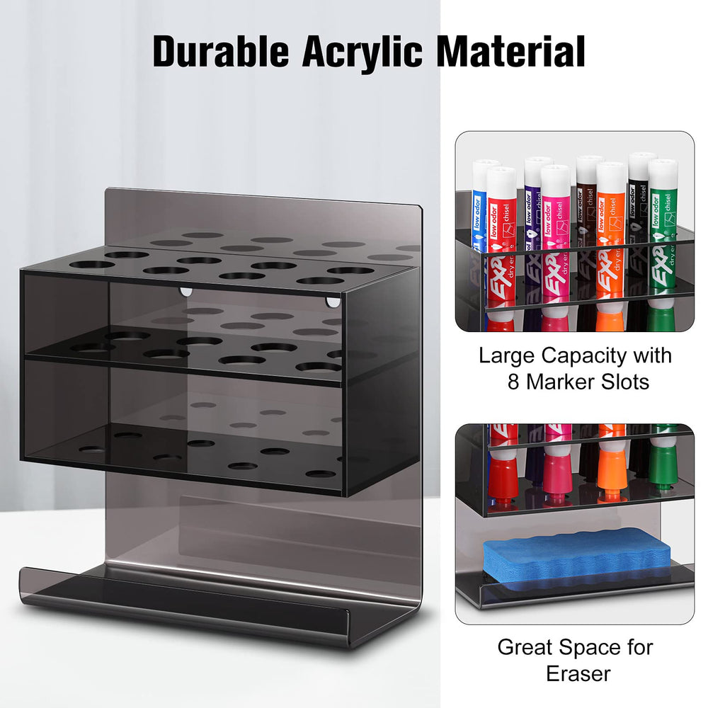 2-Tier Acrylic Dry Erase Marker Holder, 8-Slot Adhesive Wall Mount Pen Eraser Whiteboard Organizer Stand for Office, Home, Fridge (Black)