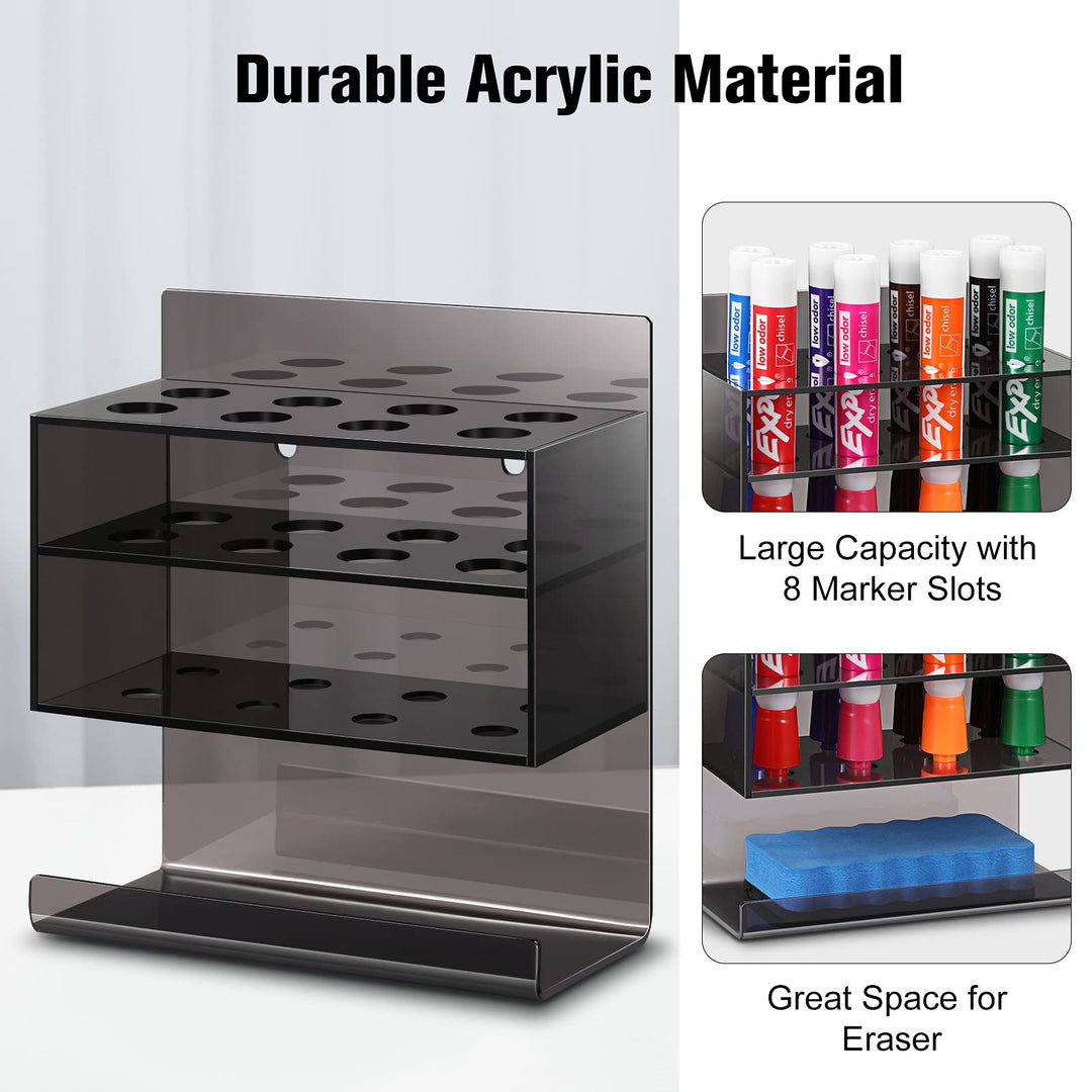 2-Tier Acrylic Dry Erase Marker Holder, 8-Slot Adhesive Wall Mount Pen Eraser Whiteboard Organizer Stand for Office, Home, Fridge (Black)