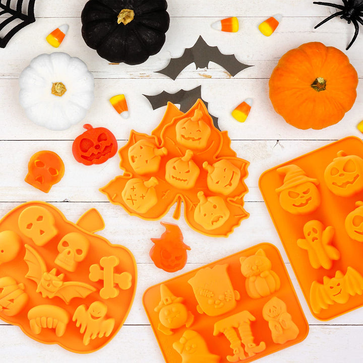 4Pcs Halloween Silicone Molds Rectangle Leaf Pumpkin Shape Candy Mould Tray Pumpkin Ghost Bat Skull Fondant Chocolate Moulds for DIY Craft Cupcake Cake Topper Decor Soap Jelly, Orange