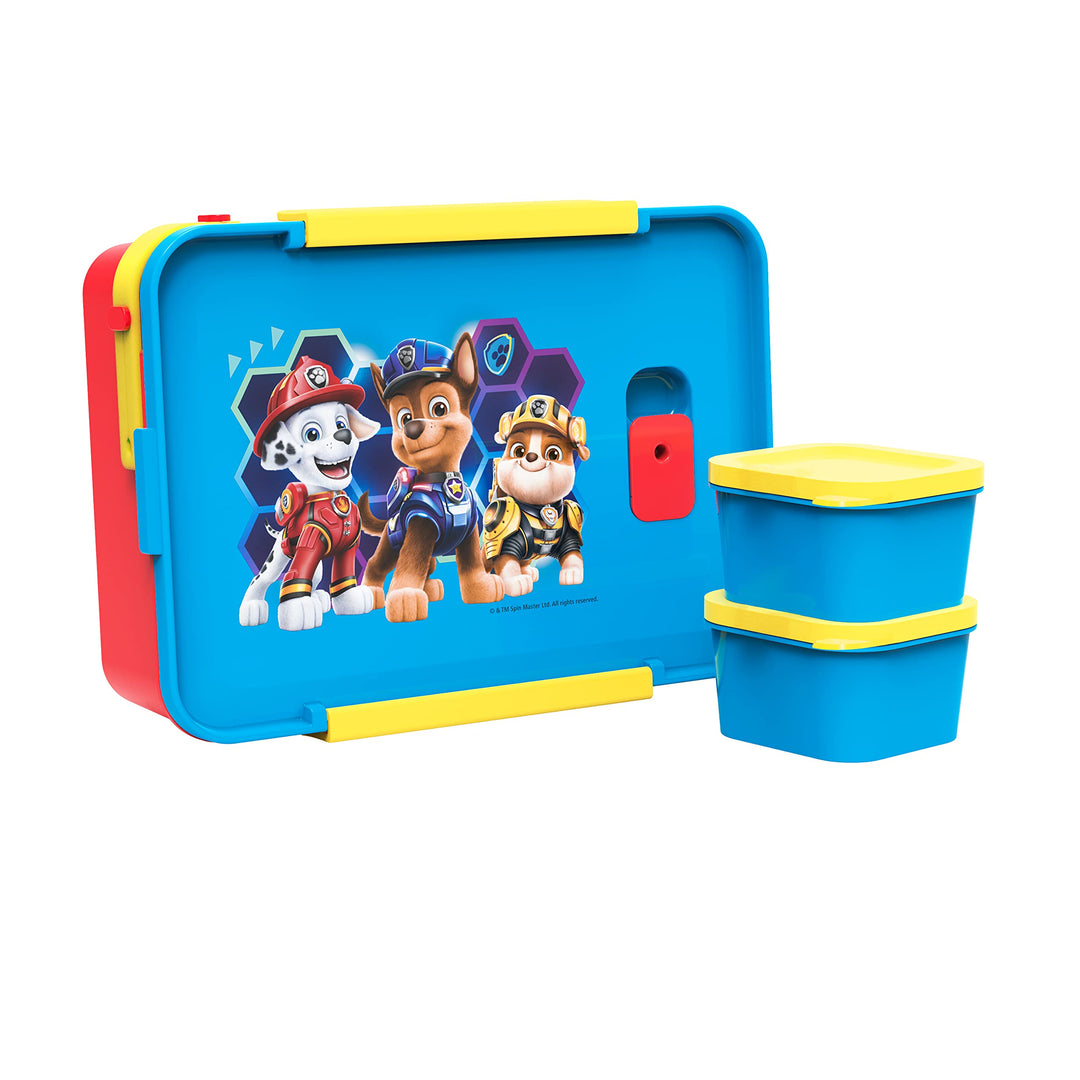 PAW Patrol Reusable Plastic Bento Box with Leak-Proof Seal, Carrying Handle, Microwave Steam Vent, and Individual Containers for Kids' Packed Lunch (3 PCs Set)