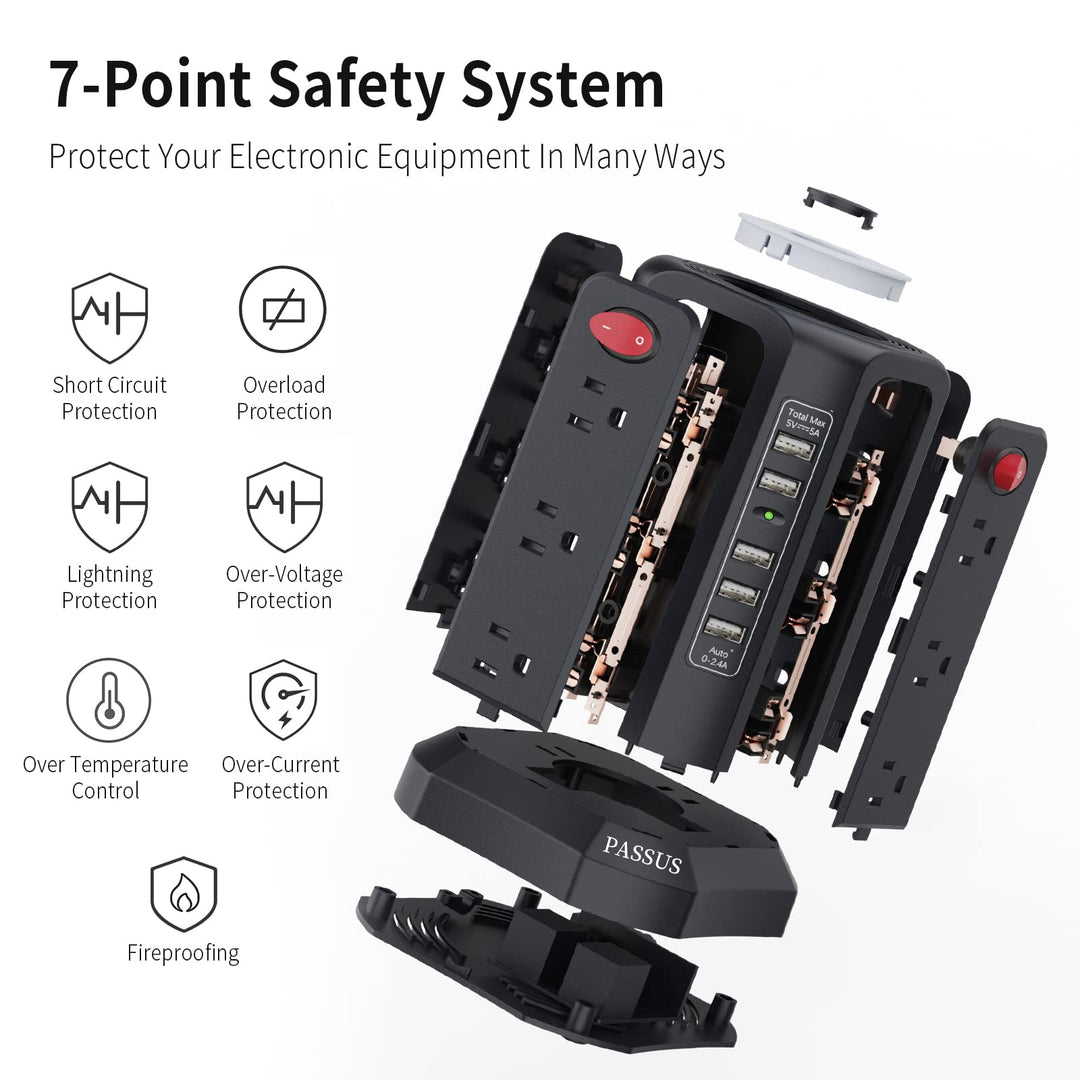 Surge Protector Power Strip Tower with 5 USB Ports and Night Light,10FT Extension Cord with 12 AC Multiple Outlets, Power Tower Overload Protection for Home Office Dorm Room Essentials(Black)