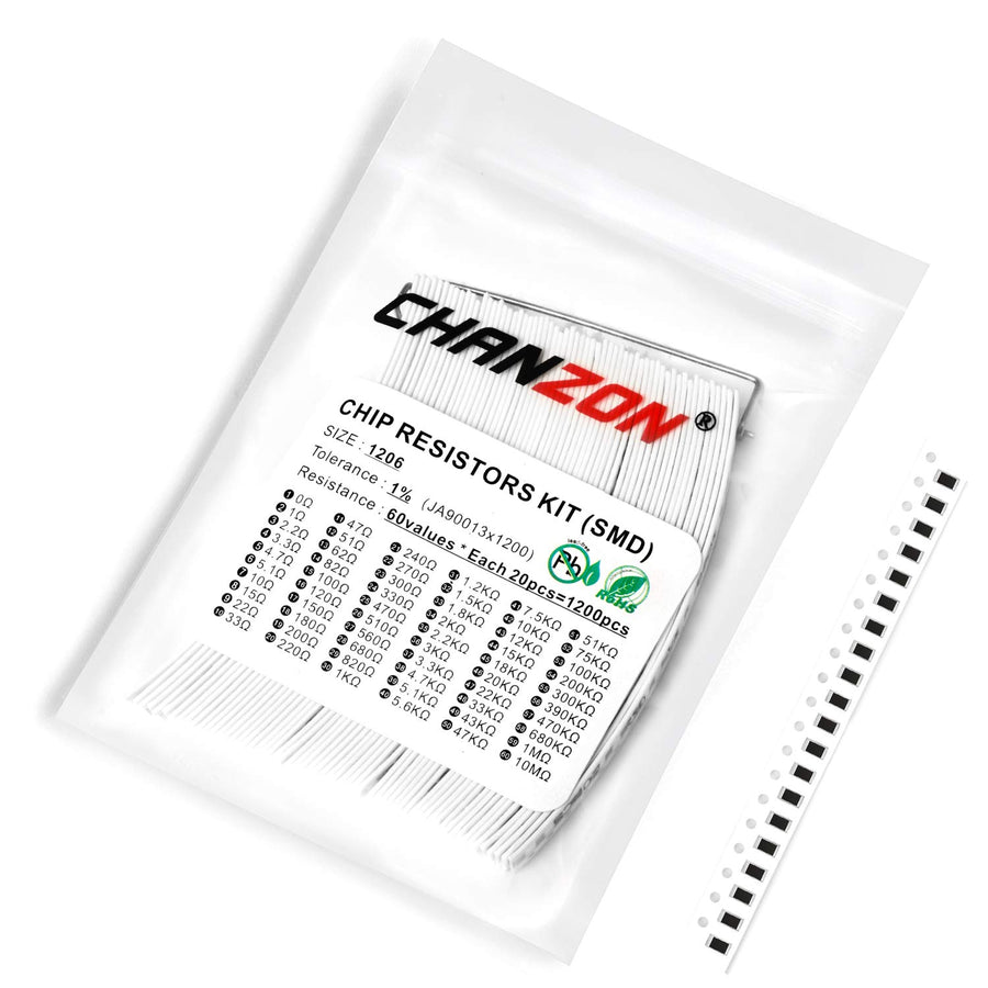 Chanzon 1200pcs 1206 SMD Resistor Kit 0-10M O ohm 60 Values 1/4W 0.25W ±1% Tolerance Thick Film 0-10MR SMT Chip Resistors Rohs Certificated