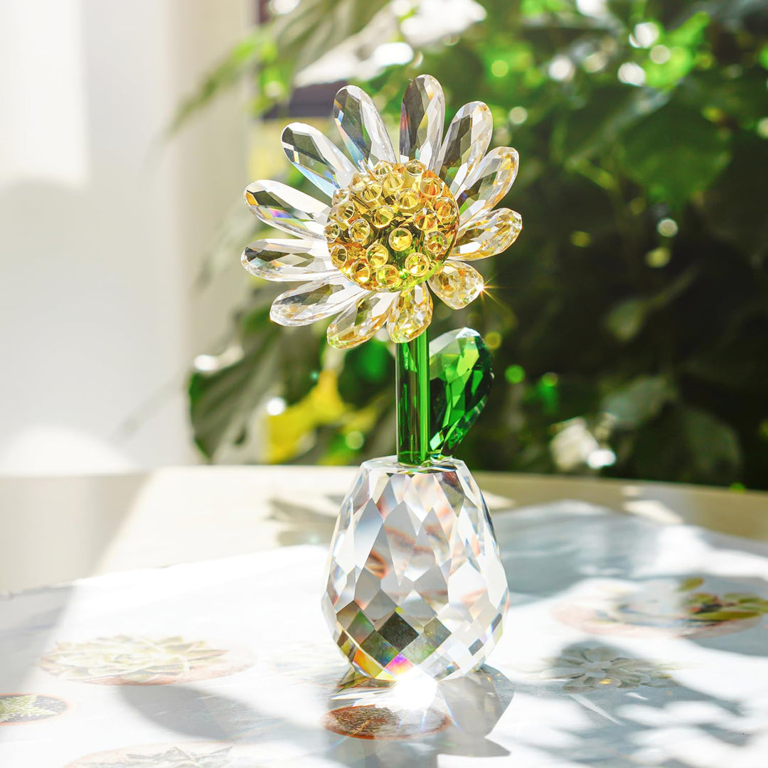 H&D HYALINE & DORA Crystal Daisy Flower Figurine Ornament Paperweight Glass Flower Home Office Table Decor Souvenir Gifts for Birthday Christmas
