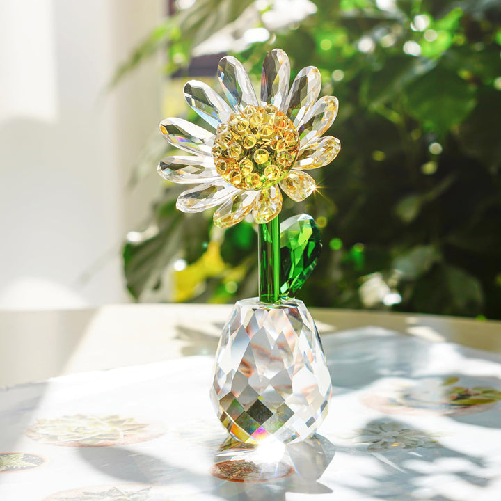 H&D HYALINE & DORA Crystal Daisy Flower Figurine Ornament Paperweight Glass Flower Home Office Table Decor Souvenir Gifts for Birthday Christmas