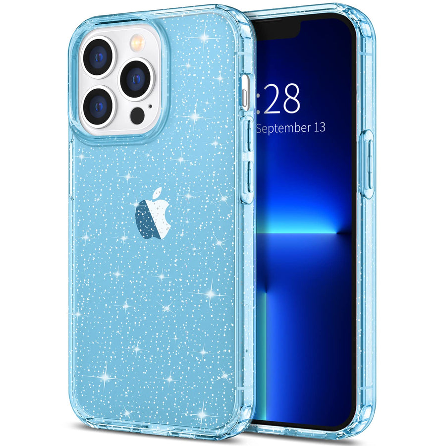 Case for iPhone 13 Pro Max Case Glitter, Cute Sparkly Clear Glitter Shiny Bling Sparkle Cover, Anti-Scratch Hard PC Slim Fit Shockproof Protective Phone Cases for Women Girls, Blue Glitter