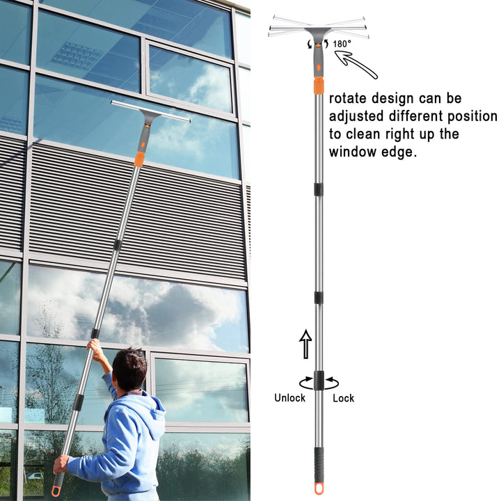 Squeegee for Window Cleaning, Long Handle Cleaner Tool with Extension Pole,11”Microfiber Cloth and 12”Wide Squeegee Cleaner Kit for Car,Shower Glass Door,High Windows