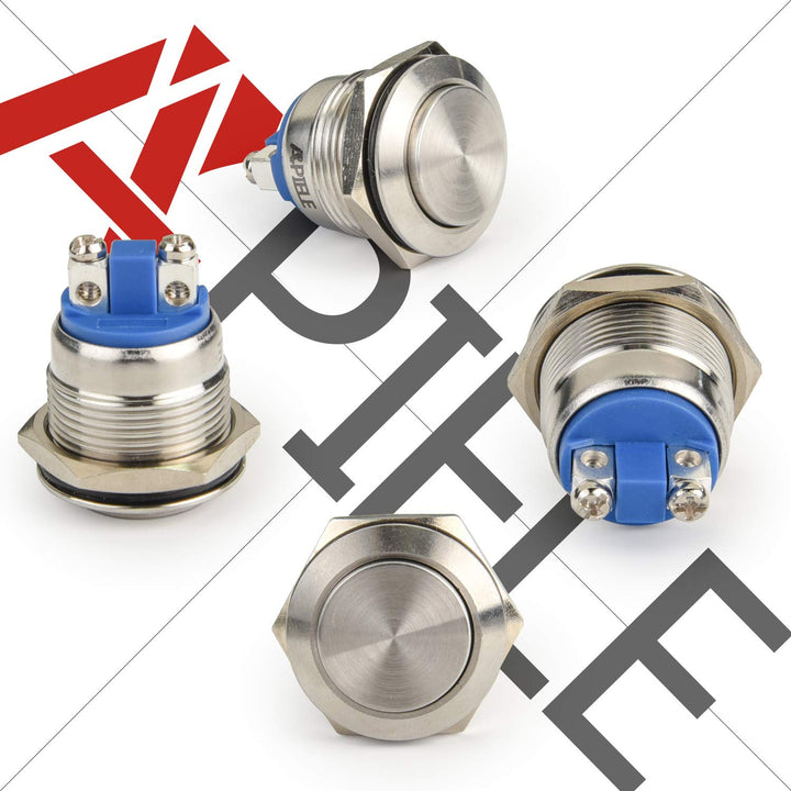 19mm Momentary Push Button Switch High Round Cap Waterproof Stainless Steel Metal High Flush Screw Terminals 250V 5A 1NO SPST (Pack of 2)