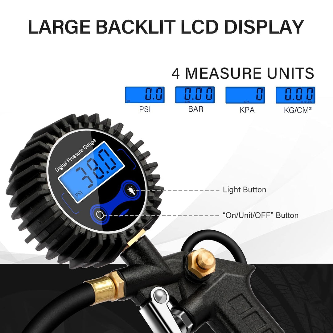 Digital Tire Pressure Gauge, Tire Inflator with Pressure Gauge 200PSI, Heavy Duty Air Chuck, Quick Connect Coupler for Air Compressor, Highly Accurate, Pressure Gauge with Deflator