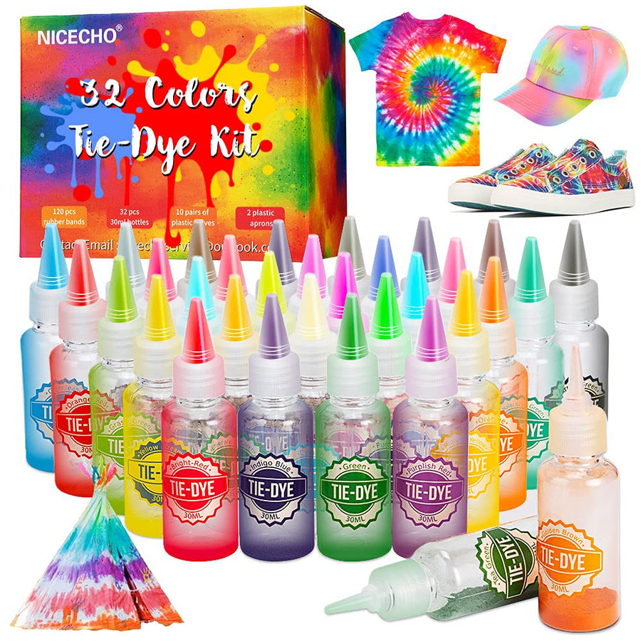 Tie Dye Kit, 32 Colors DIY Fabric Dye Set for Kids, All-in-1 Tie Dye Supplies for Adults, with Pigments, Rubber Bands, Gloves, Apron and Table Covers for Large Groups