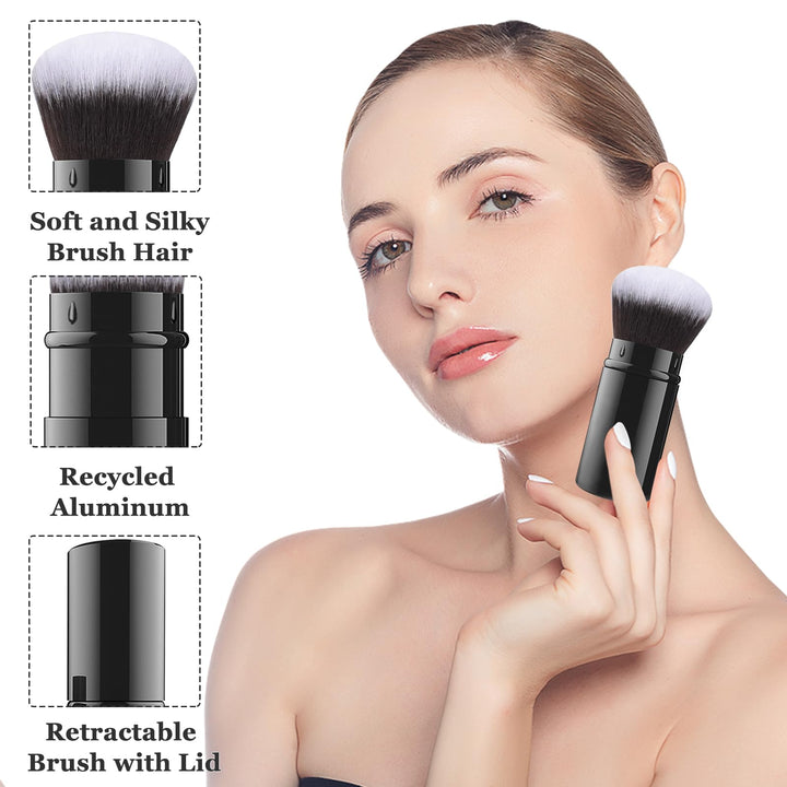 Retractable Kabuki Makeup Brush, Travel Face Blush Brush, Portable Powder Foundation Sunscreen Brush with Cover for Blush, Bronzer, Buffing, Highlighter Flawless Powder Cosmetics