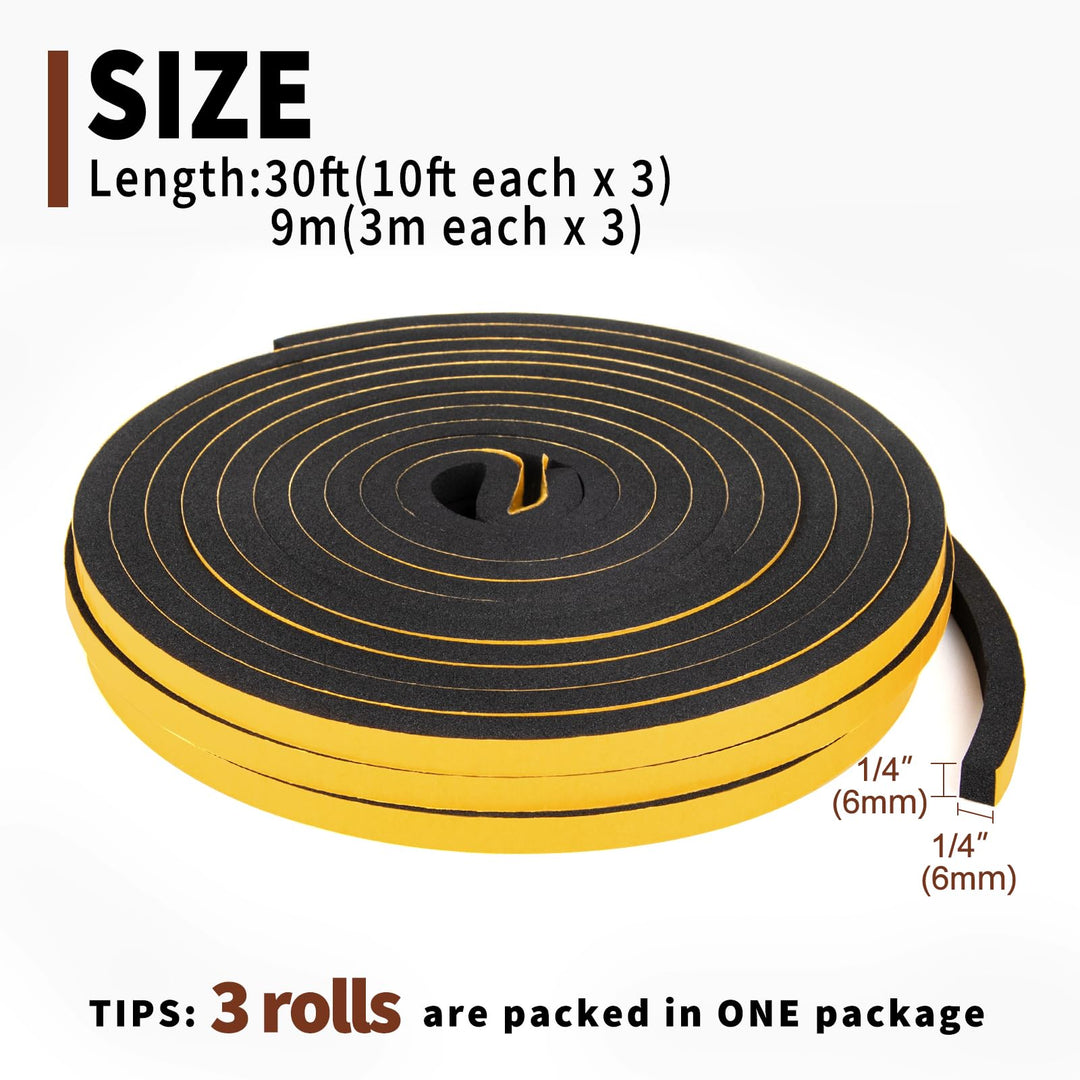 Yotache 3 Strips Foam Weather Stripping 1/4 W X 1/4 T, New Adhesive Craft, Insulation Soundproofing Strips Tape Gasket Seal for Door Frame and Window, Sliding Door Jamb, Total 30 Ft (3 X 10 Ft Each)