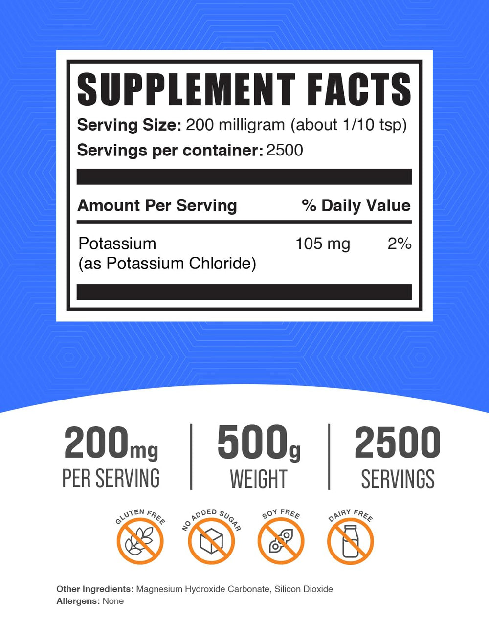 .com Potassium Chloride Powder - Potassium Supplement Powder, Potassium Chloride Salt Substitute, Potassium Salt - Gluten Free, 200mg per Serving, 500g (1.1 lbs) (Pack of 1)