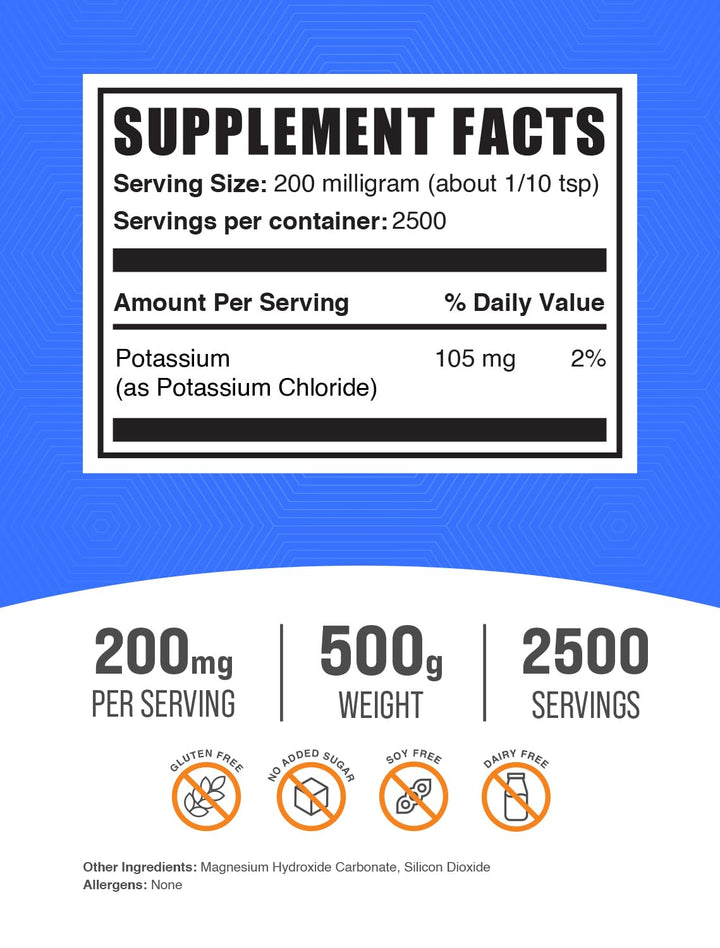 .com Potassium Chloride Powder - Potassium Supplement Powder, Potassium Chloride Salt Substitute, Potassium Salt - Gluten Free, 200mg per Serving, 500g (1.1 lbs) (Pack of 1)