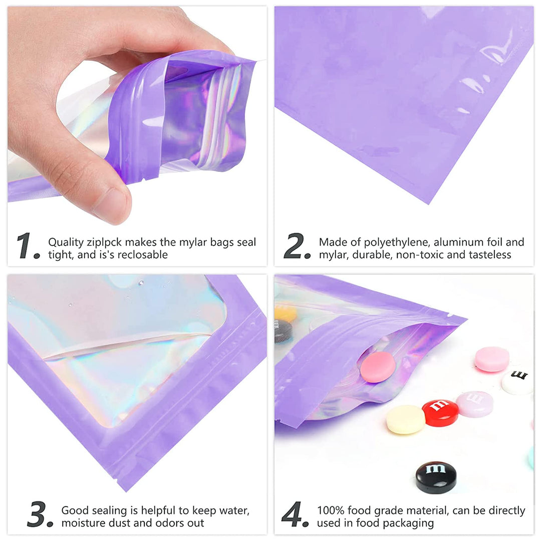 Funfery 100 pcs Purple Smell Proof Holographic Bags Packaging Bags,Clear Resealable Odor Proof Bags Foil Pouch Zipper Bag for Food Storage,Lipgloss,Jewelry,Eyelash Packaging for Small Business(4x6In)