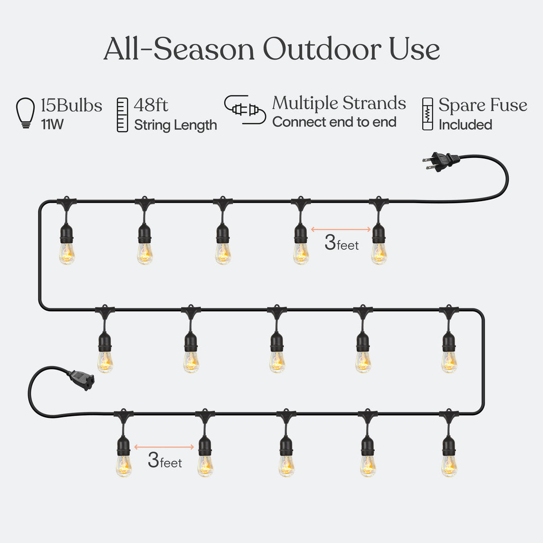Ambience Pro Outdoor String Lights - Commercial Grade Waterproof Patio Lights with 48 Ft Dimmable Incandescent Edison Bulbs, Porch String Lights for Patio, Backyard - 15 Bulbs 11W