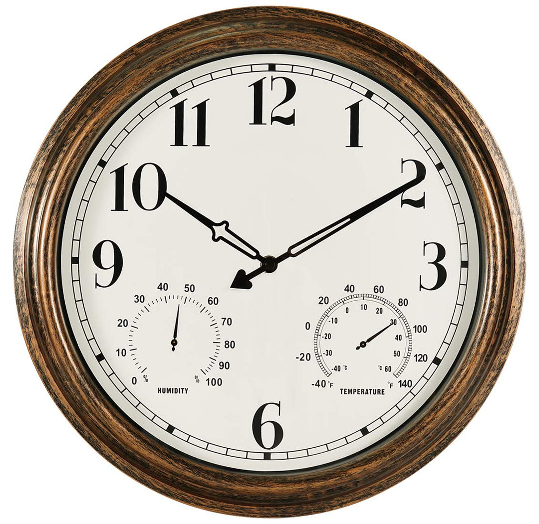 16 Inch Large Indoor Outdoor Wall Clock,Waterproof Non-Ticking Clock with Thermometer and Hygrometer Combo,Battery Operated Clock Wall Decorative-Bronze