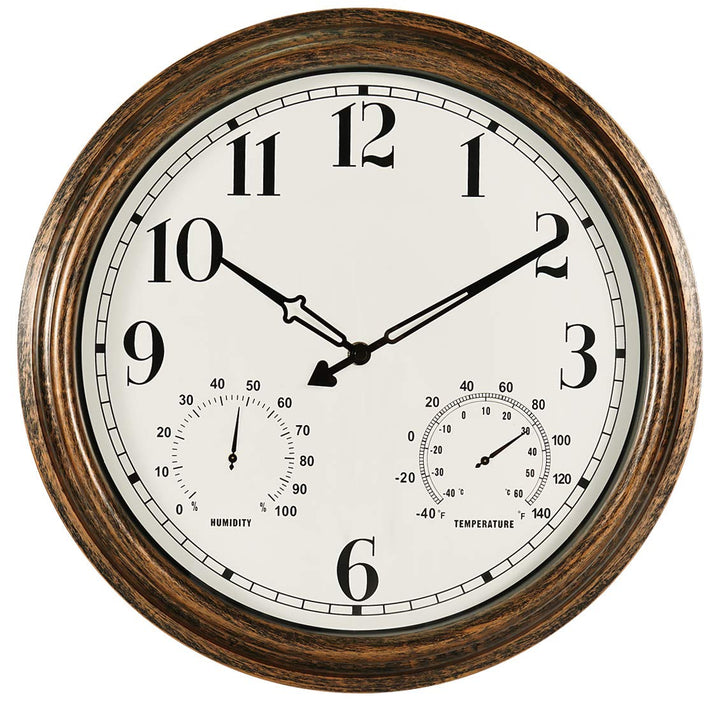 16 Inch Large Indoor Outdoor Wall Clock,Waterproof Non-Ticking Clock with Thermometer and Hygrometer Combo,Battery Operated Clock Wall Decorative-Bronze