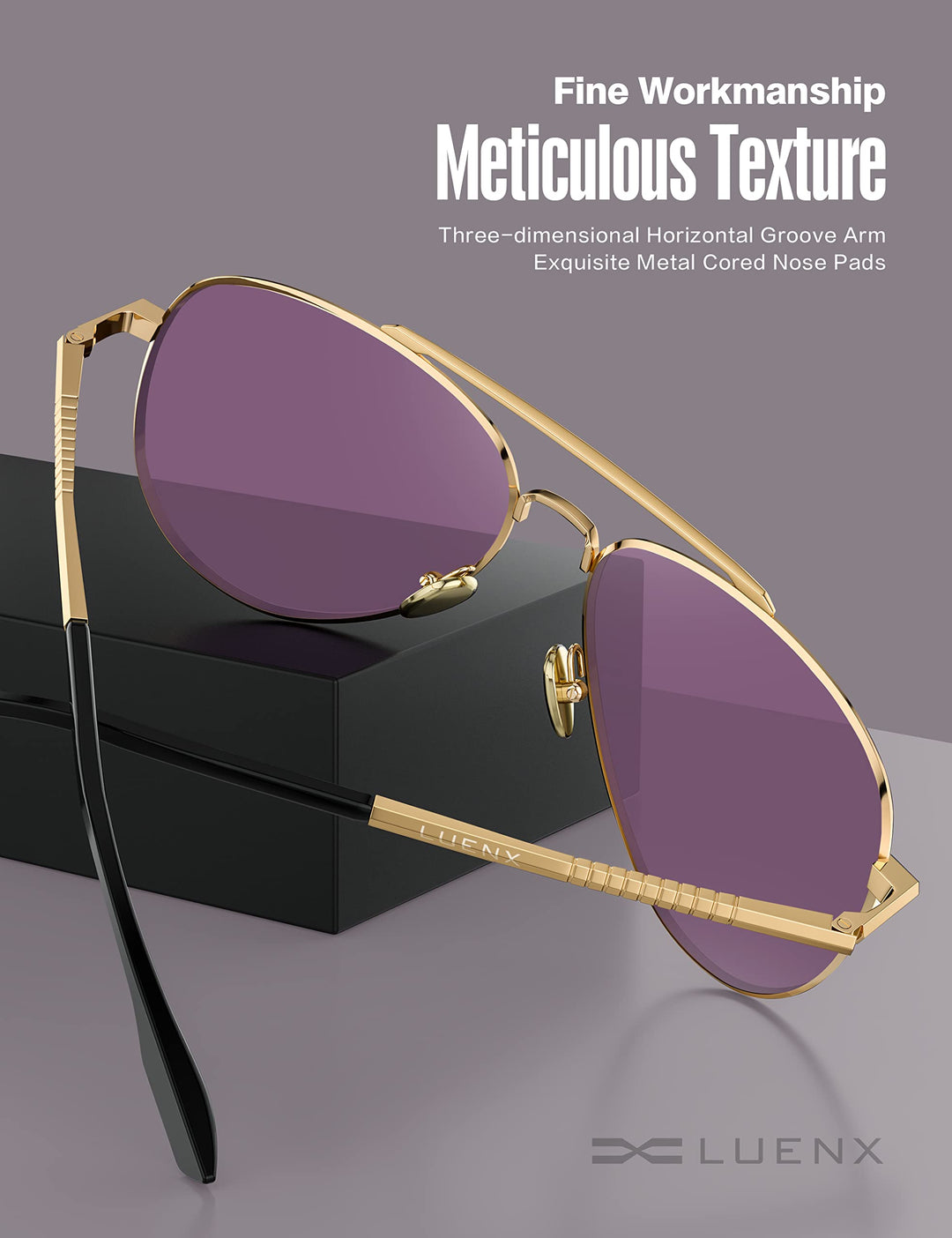 Aviator Sunglasses for Mens Womens Polarized Purple Lens Metal Gold Frame 60mm