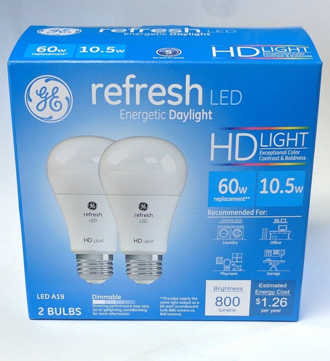 Lighting Refresh LED Light Bulbs, HD Light, 10 Watt (60 Watt Equivalent) Daylight, A19 General Purpose Bulbs, Medium Base, Dimmable (2 Pack)