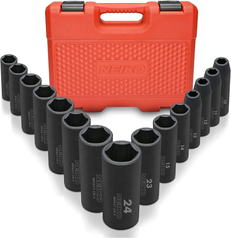 02474A 1/2 Impact Socket Set, 15 Piece Metric Socket Set 10-24 mm, Deep Sockets, 6 Point, 1/2” Drive Sockets for 1/2 Impact Wrench, Chrome Vanadium Cr-V