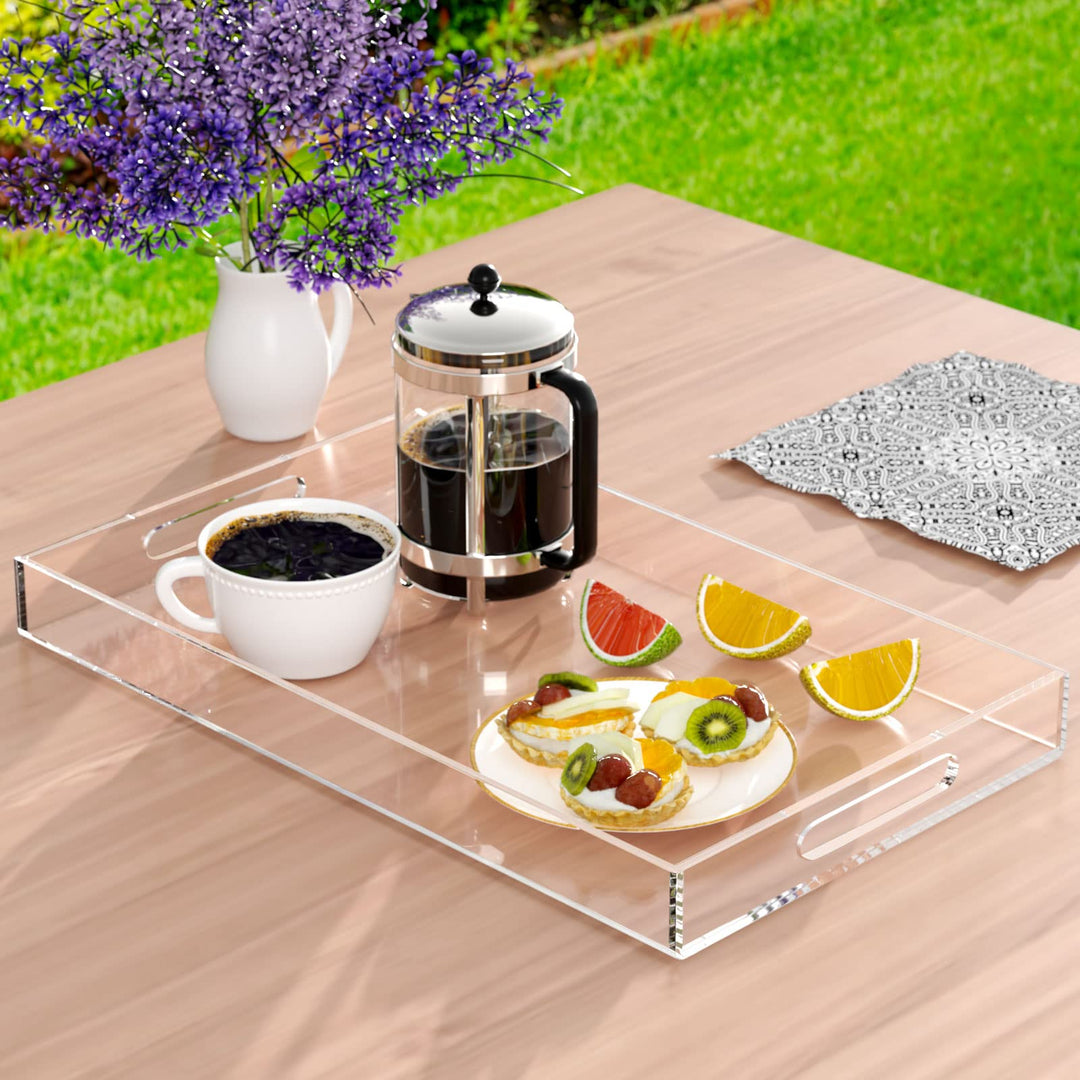 Acrylic Serving Tray 12x20 Inches -Spill Proof- Clear Decorative Tray Organiser for Ottoman Coffee Table Countertop with Handles