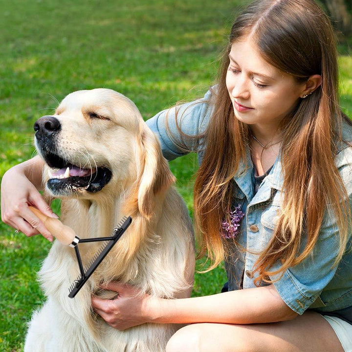 Undercoat Grooming Rake with Anti-Slip Wooden Handle, Steel Comb for Medium & Large Pets