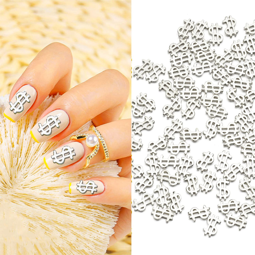 100pieces Luxury 3D Silver Dollar Sign Nail Art Charms Dollar Mark Shape Nail Stickers Jewels Bill Money Design Nail Art Studs Accessories for Women Girls Ladies (0.24inchx0.37inch)