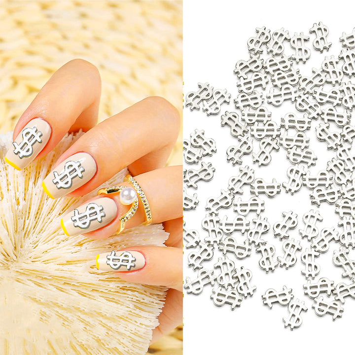 100pieces Luxury 3D Silver Dollar Sign Nail Art Charms Dollar Mark Shape Nail Stickers Jewels Bill Money Design Nail Art Studs Accessories for Women Girls Ladies (0.24inchx0.37inch)