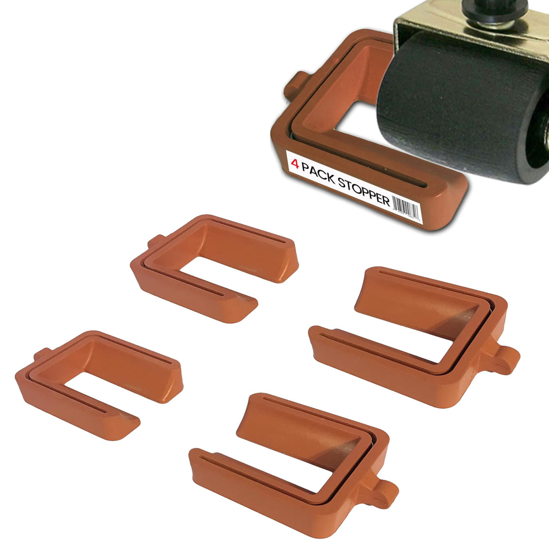 No Lift Wheel Stoppers for Rolling Furniture - Bed and Furniture Stopper - Requires No Lifting of Bed - Keeps Bed and Furniture from Sliding Bed Caster Stopper - Solid Rubber (4 Pack, Brown)