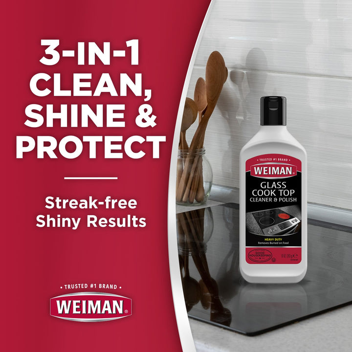 Ceramic and Glass Cooktop Cleaner - Heavy Duty Cleaner and Polish (10 Ounce Bottle and 3 Scrubbing Pads)