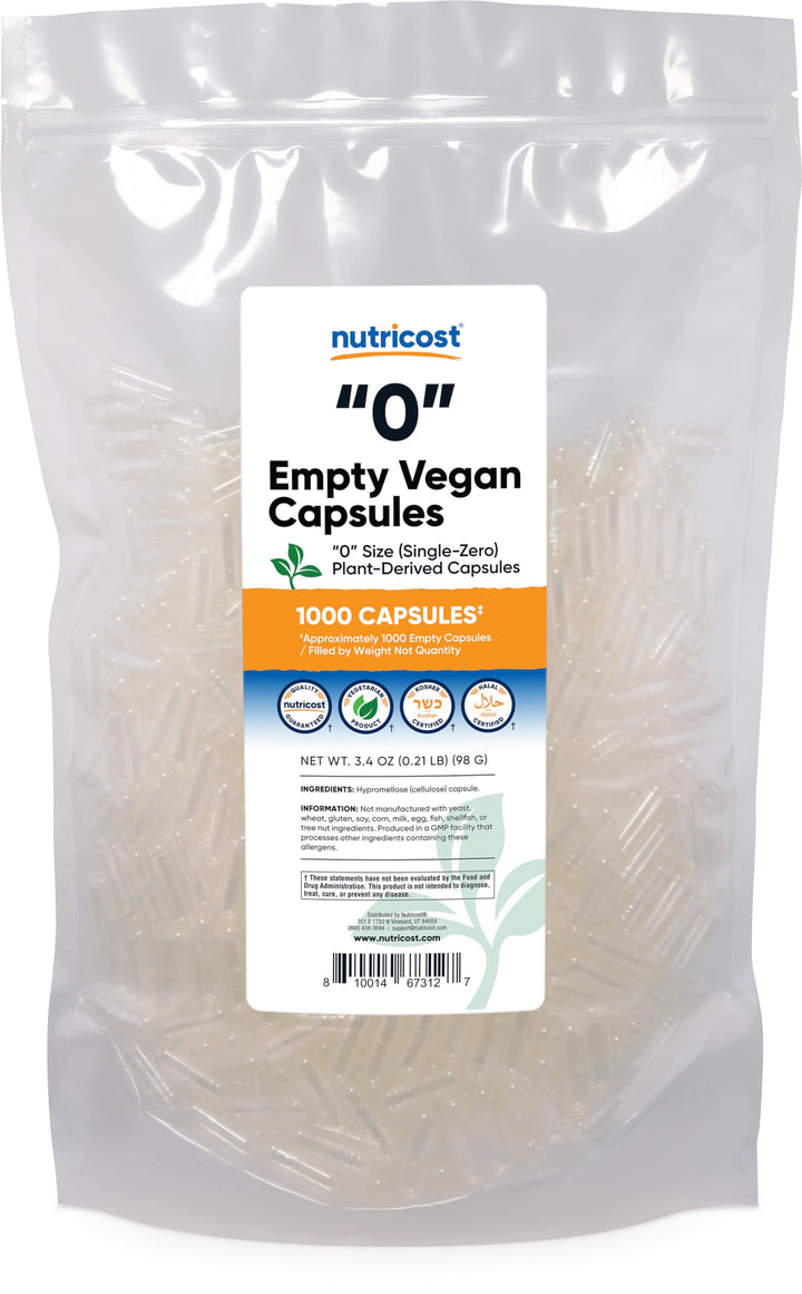 Empty Capsules Size 0 Vegan - 1,000 Clear Empty Plant-Based Capsules - Kosher Certified, Halal Certified, Non-GMO, Soy Free, Gluten Free, Vegetarian
