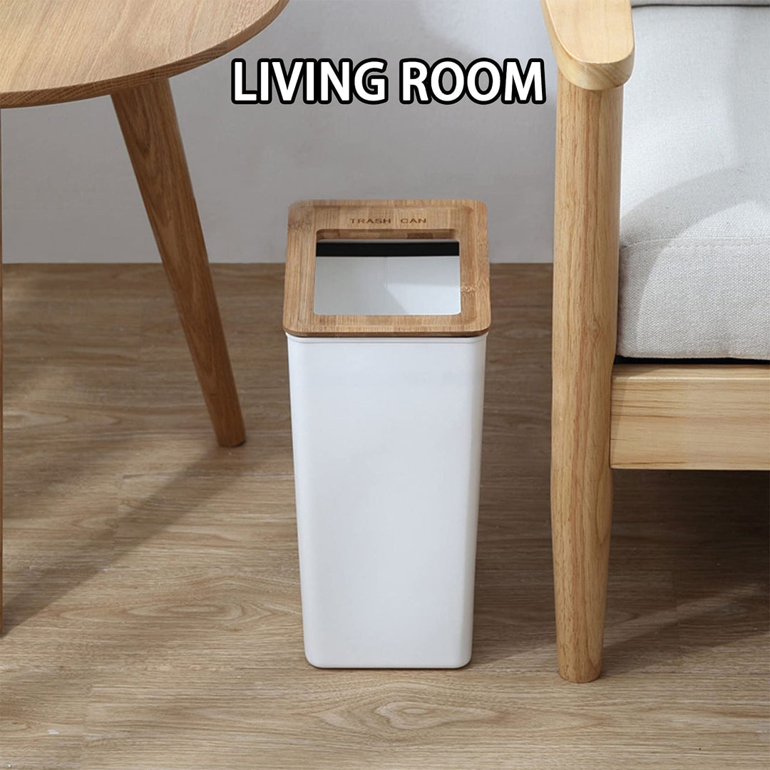 2pcs Slim Plastic Trash Can Set Wastebasket with Wood Lid Rectangular Waste Bin Small Garbage Container White for Home Office Bathroom Kitchen- 2 Gal+2.4 Gallon