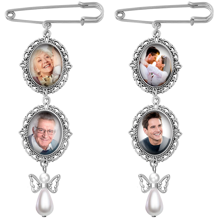 2 Pcs Bouquet Charms for Wedding Memory, Wedding Bouquet Photo Charms with 4 Pcs Oval Glass Cabochons for Bridal Shower, You Are Always in My Heart in Memory of Parents Grandparents (Angel)