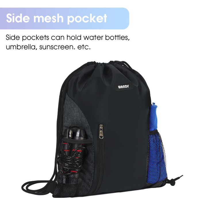 Drawstring Backpack Sports Gym Sackpack with Mesh Pockets Water Resistant String Bag for Women Men(Black)