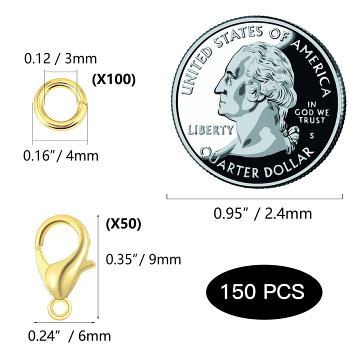Wholesale Pack- Gold Plated 50 PCS 9mm Small Lobster Clasps and 100 PCS 4mm Open Jump Rings for Jewelry Making & Finding