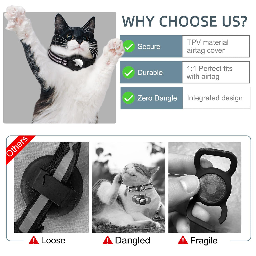 Airtag Cat Collar, Reflective Airtag Cat Collar with Bell and Silicone Waterproof Airtag Holder Case Compatible with Apple Airtag (7-9 Inch, Black)