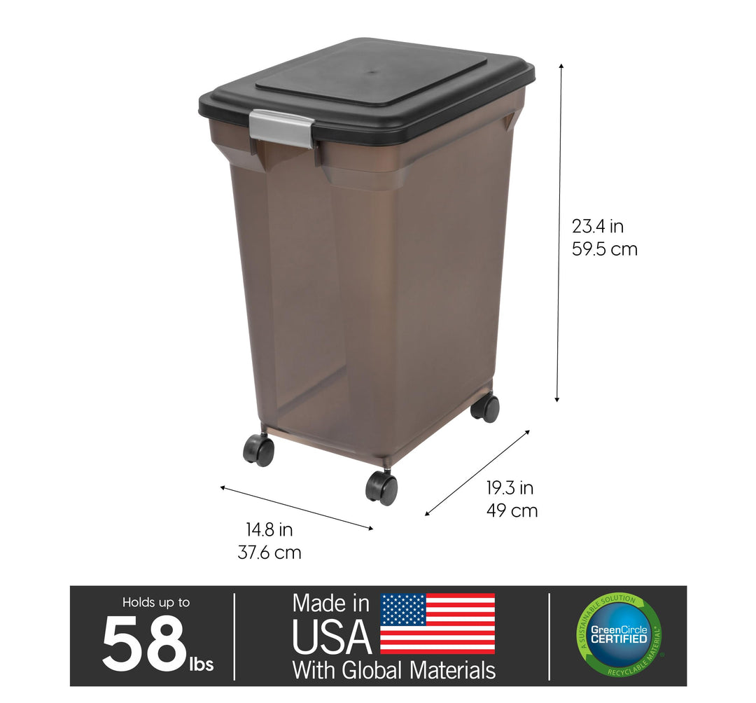 USA WeatherPro Airtight Dog Food Storage Container, Up to 58 lbs, Attachable Wheels, For Dog Cat Bird and Other Pet Food Storage Bin, Keep Fresh, Easy Mobility, BPA Free, Smoke