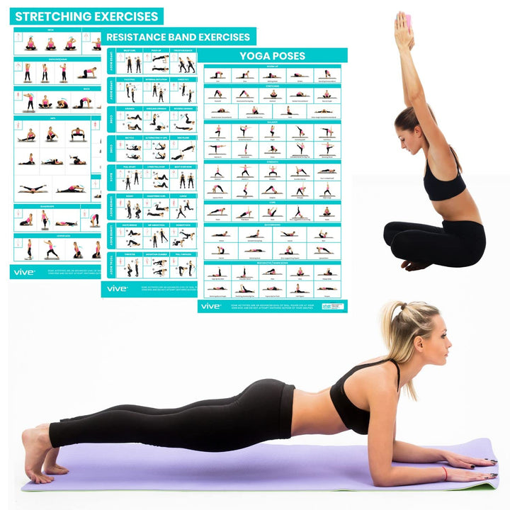 Yoga Poses + Stretching Exercises + Resistance Band Workouts Poster for Home Gym (3 Pack) - 149 Illustrations for Flexibility, Strength, Core, Exercising, Pilates Mat - Work Chart Set, Laminated 30 x 17