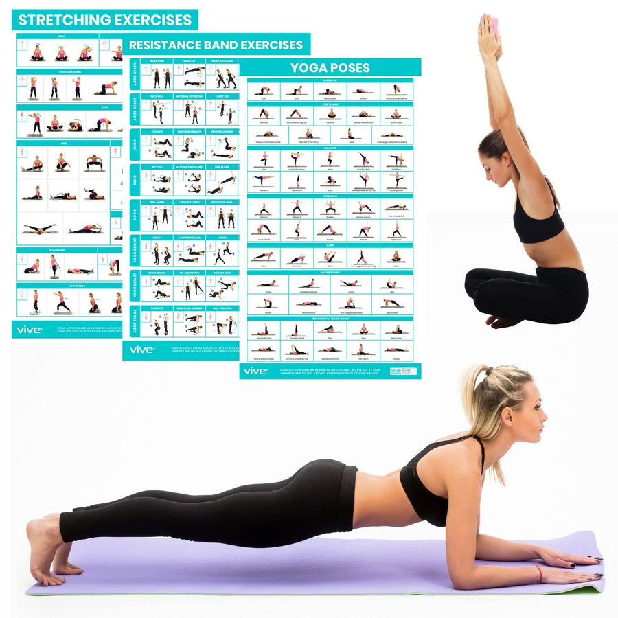 Yoga Poses + Stretching Exercises + Resistance Band Workouts Poster for Home Gym (3 Pack) - 149 Illustrations for Flexibility, Strength, Core, Exercising, Pilates Mat - Work Chart Set, Laminated 30 x 17