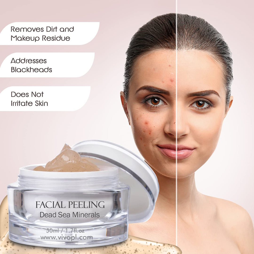 Vivo Per Lei Facial Peeling Gel - Contains Dead Sea Minerals and Nut Shell Powder - Gentle Face Exfoliator Scrub and Blackhead Remover - Peel Your Skin To a Fresher You - 1.7 Fl. Oz.