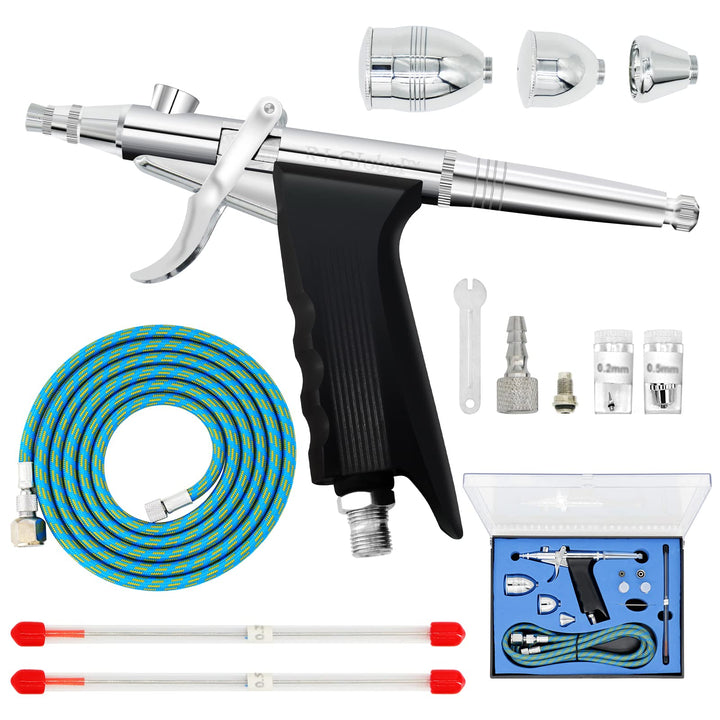 Double Action Airbrush Kit, Trigger Air Brush Spray Gun with 0.3, 0.2, 0.5mm Needles, 3 Sets Nozzles, Air Cap, 2cc/5cc/13cc Paint Cup, Air Hose, for Tattoo, Makeup, Nail, Model, Art Hobby
