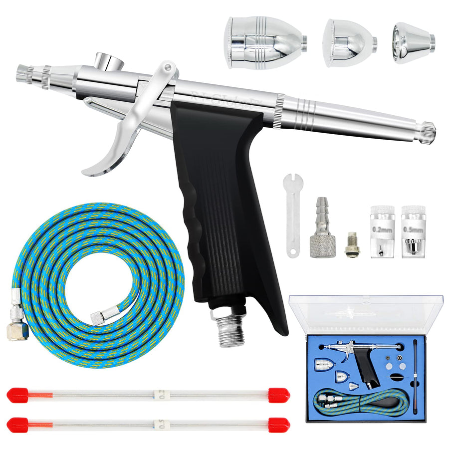 Double Action Airbrush Kit, Trigger Air Brush Spray Gun with 0.3, 0.2, 0.5mm Needles, 3 Sets Nozzles, Air Cap, 2cc/5cc/13cc Paint Cup, Air Hose, for Tattoo, Makeup, Nail, Model, Art Hobby