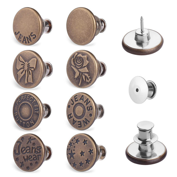 8 Sets Button Pins, Nailing-Free Jean Buttons, 8 Styles Button Pins for Jeans No Sew, Metal Buttons Adds Or Reduces an Inch to Any Pants Waist in Seconds