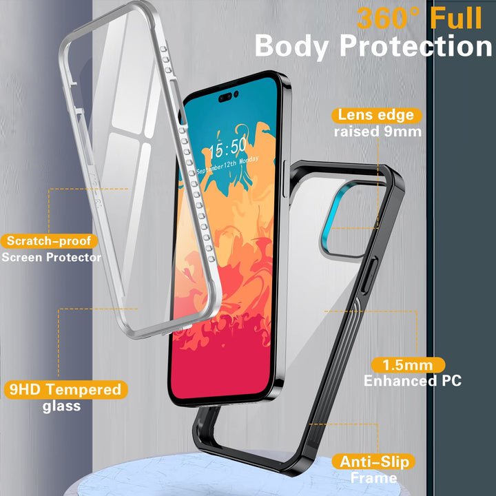 for iPhone 14 Pro Max Case, 2022 Upgrade Tempered Glass Clear Bumper Case with Built-in 9H Screen Protector, Full Body Protective Shockproof Rugged Cover for iPhone 14 Pro Max 5G 6.7’’(Black)