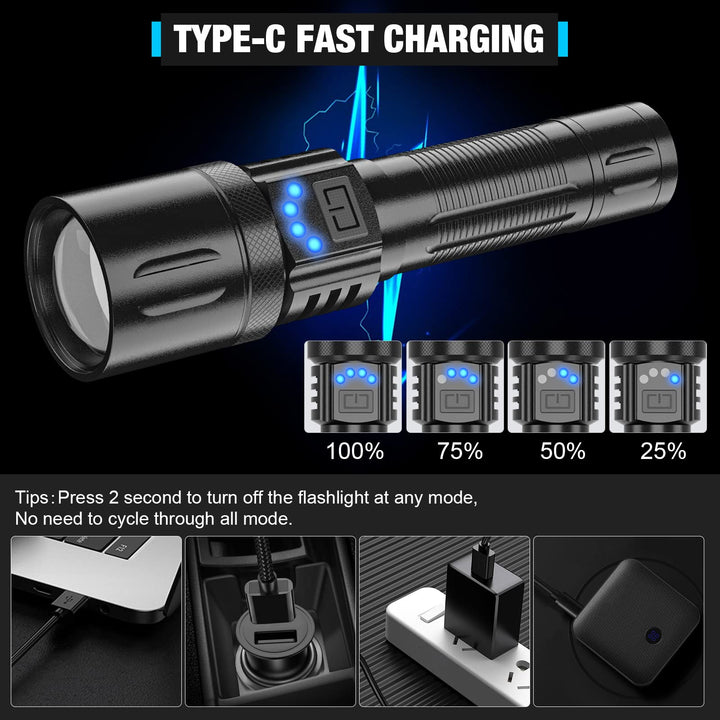 Rechargeable Tactical LED Flashlights,Super Bright 10000 Lumens Flashlight High Lumen(for Camping and Hiking) with Waterproof,Zoomable,Small Flashlight for Emergency