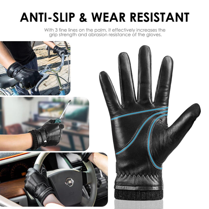 Winter Sheepskin Leather Gloves for Men, Warm Touchscreen Texting Gloves with Soft Cashmere Lining, Fashion Driving Gloves for Outdoor Sports(Black-L)