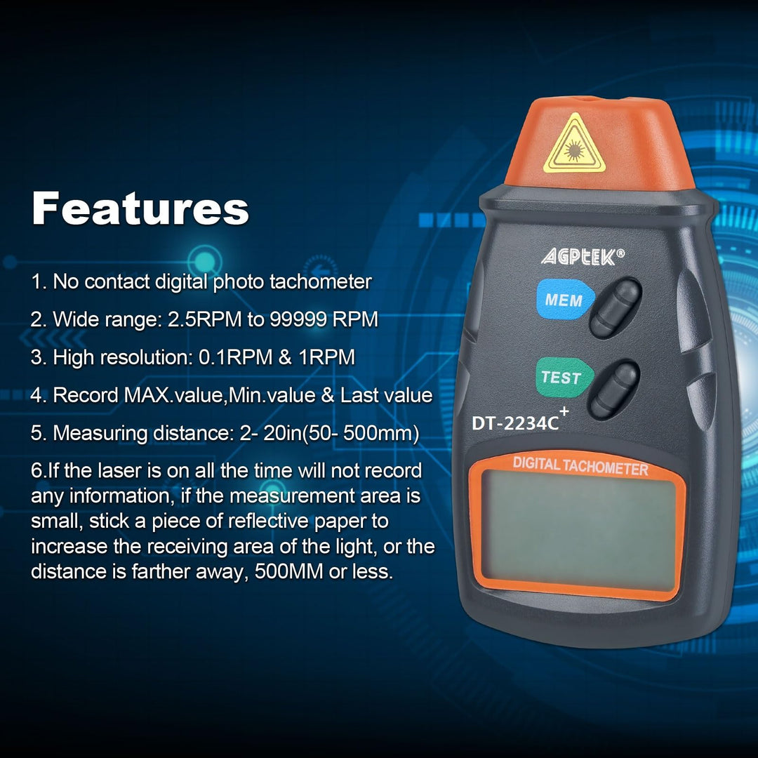 AGPtek® Professional Digital Laser Photo Tachometer Non Contact RPM Tach