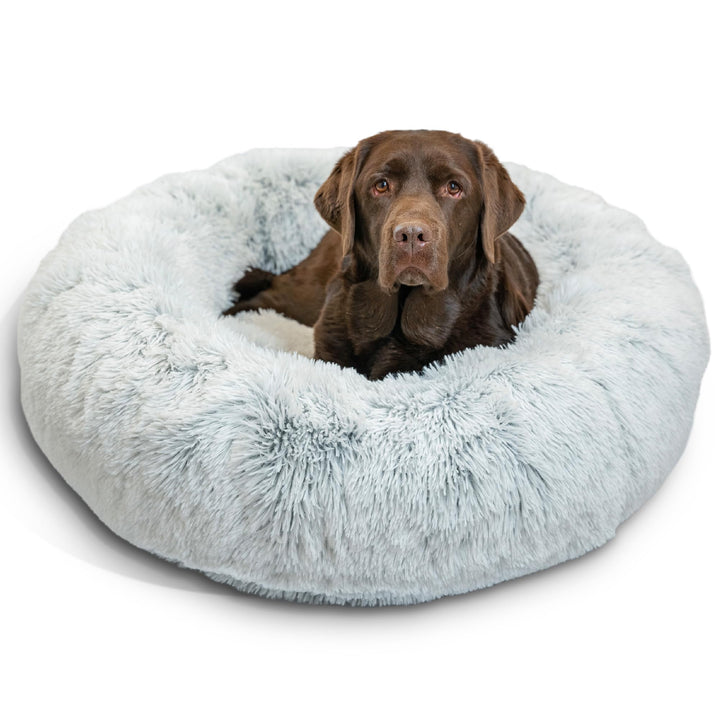 The Original Calming Donut Dog and Cat Bed in Shag Fur, Frost Gray, Large, 36x36