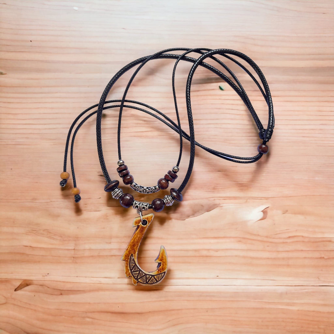 Brown Hawaiian Fish Hook Pendant Necklace Hemp Cord Chain - Maori Tribal Necklace - Adjustable Black Cord
